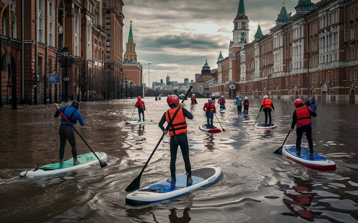 residents-of-krasnogorsk-have-mastered-sappboards-for-movement-along-flooded-streets